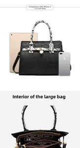 Detail view of large capacity black tote with crocodile texture and multi-compartment interior