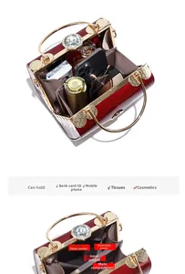 Detailed interior of red patent leather handbag with multiple compartments for essentials