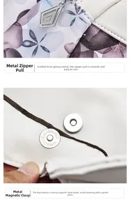 Detailed macro view of silver-tone hardware zipper and magnetic snap on floral handbag