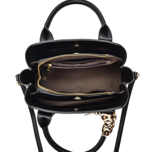 Large capacity black stone pattern handbag for women with leopard print silk scarf