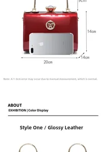 Detailed size view of red glossy bridal handbag with rhinestone clasp and dimensions
