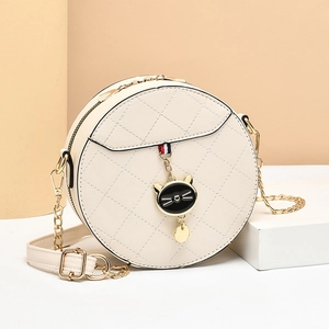 Women Mini Round Crossbody Bag Quilted PU Leather Fashion Korean Style With Cute Cat Charm Chain Strap