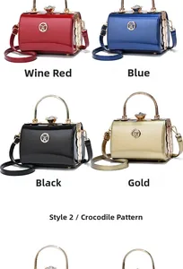 Cylindrical crocodile pattern handbags in wine red, blue, black and gold colors