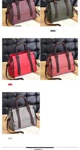Flat lay view of retro PU leather handbags in purple, army green, red, and grey colors