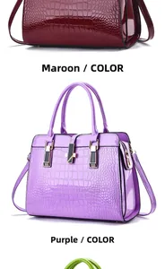 Détails des sacs en cuir verni bordeaux et violet avec motif crocodile et fermoirs dorés