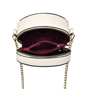 Off-white round quilted chain shoulder bag with interior compartments and gold hardware