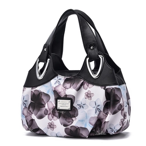 Women's minimalist large capacity handbag with floral print and black leather handles