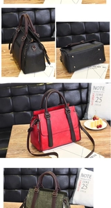 Detail view of large capacity retro leather handbags in black, red and green colors