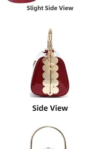 Detail view of red patent leather evening bag with gold scale metal trim and jeweled clasp