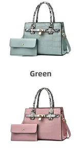 Detail of crocodile-pattern tote set with snakeskin handles and golden lock charm