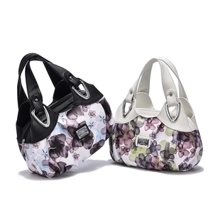 Floral print large capacity faux leather handbag for women in black and beige colors