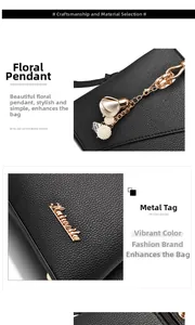 Detail of black lychee leather bag with gold flower pearl charm and metallic logo brand plate
