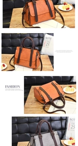 Dual view of orange and grey leather handbags featuring sturdy handles and metal zippers