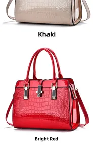 Détails de sacs à main kaki et rouges en similicuir crocodile avec boucles métalliques