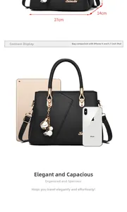 Size comparison showing 27cm black lychee leather bag with iPad and iPhone
