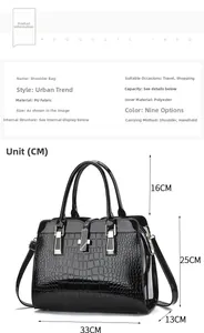 Dimensions détaillées du sac à main noir en cuir PU avec motif crocodile et mesures
