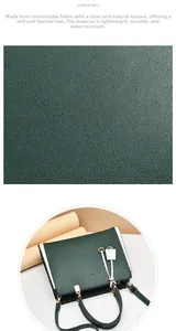 Close-up of litchi pattern dark green leather and the overall view of the tote handbag