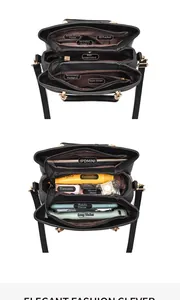 Detailed interior of a black leather handbag with multiple compartments for organized storage