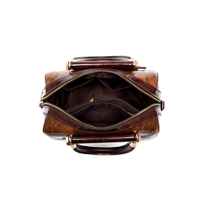 Retro brown stone pattern boston bag with large capacity and gold zippers on white background