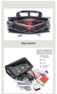 Structure interne du sac cabas noir à motif crocodile avec compartiments spacieux