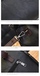 Detailed view of premium PU leather texture, metallic hardware hooks and sturdy zipper