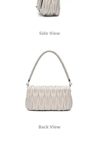 Detail of creamy white pleated handbag showing side and back views with woven handle