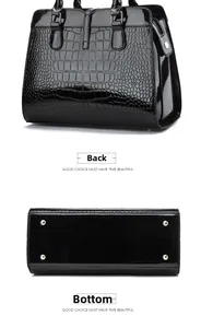 Vue détaillée du dos et du fond du sac en cuir verni noir à motif crocodile et clous