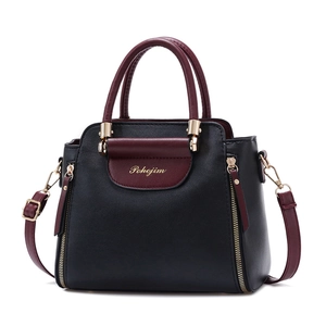 Fashionable black and dark red color-block large handbag with golden hardware