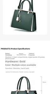Detail view of large capacity dark green leather handbag with golden hardware and logo