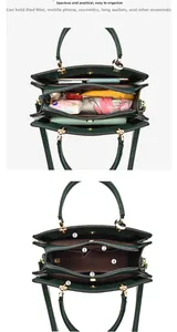 Detail view of large green handbag interior compartments with labeled storage capacity