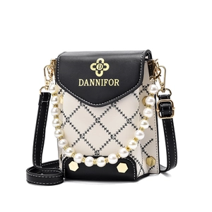 Mini sac à bandoulière pour téléphone avec motif matelassé noir et blanc et perle
