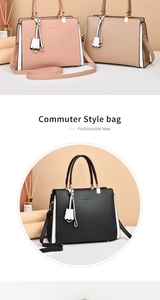Close-up of three commuter handbags in pink, khaki, and black with荔枝纹 grain leather and tassels