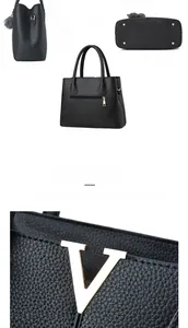Mehrere Ansichten der schwarzen Handtasche aus Leder mit V-förmiger Metallschnalle