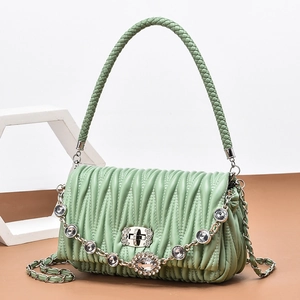 Elegant light green pleated handbag with rhinestone chain and silver twist lock detail