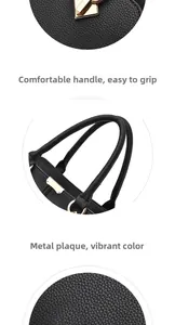 Detail of black lychee grain leather handbag featuring golden metal lock and soft handles