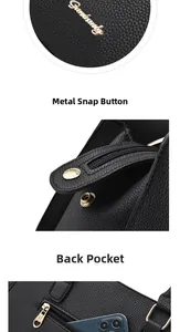 Detail of black pebbled leather handbag with gold hardware button and rear zip pocket