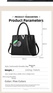 Detaillierte Größentabelle der schwarzen Handtasche mit Innenfachstruktur und Abmessungen