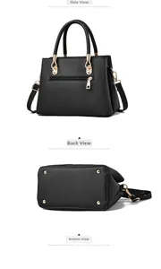 Three-way view of lychee pattern leather handbag showing side, back, and bottom details