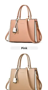Detailed comparison of pink and beige structured handbags with gold branding