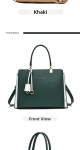 Detail of dark green leather handbag featuring golden lock hardware and logo
