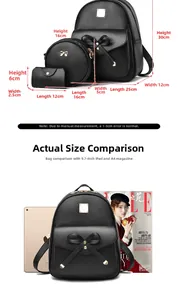 Ensemble sac à dos 3 pièces noir avec nœud et comparaison de taille avec iPad et revue