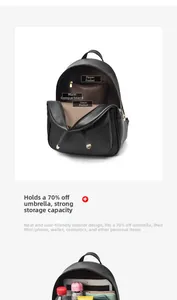 Vue intérieure du sac à dos en cuir noir montrant l'espace pour iPad et accessoires