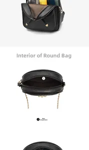 Structure interne du sac bandoulière rond en cuir noir montrant la poche principale