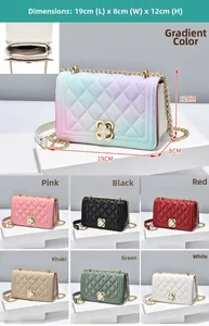 Detail showing dimension 19x8x12cm and multiple color options for the quilted chain bag