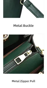 Detail showing golden D-ring hardware and zipper pull on dark green leather bag