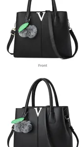 Vorder- und Seitenansicht schwarze Handtasche mit Litschi-Muster und V-Metallverzierung