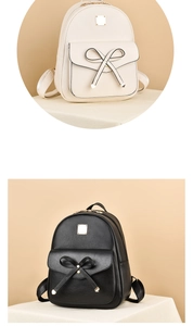 Vue détaillée de sacs à dos à nœud papillon en similicuir beige et noir élégants