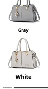 Detailed comparison of gray and white textured leather handbags with flower pendants