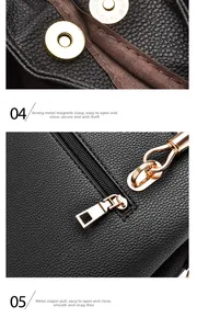 Detail of black lychee grain leather bag with gold magnetic buckle and metal zipper