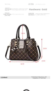 Detailed size guide of printed tote bag showing dimensions 32x14x22cm and metal hardware